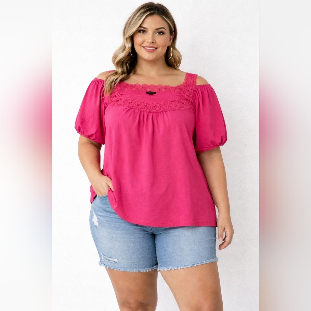 Talbots Women's Pink Lace Trim Off-Shoulder Top